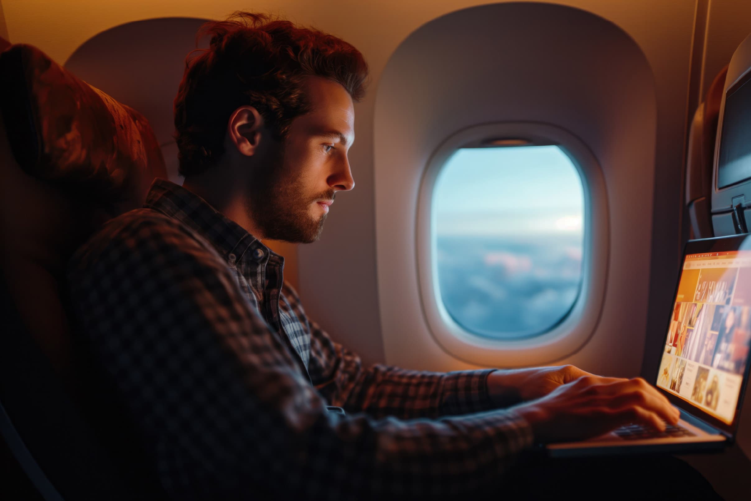 Business class cabin — passenger by window